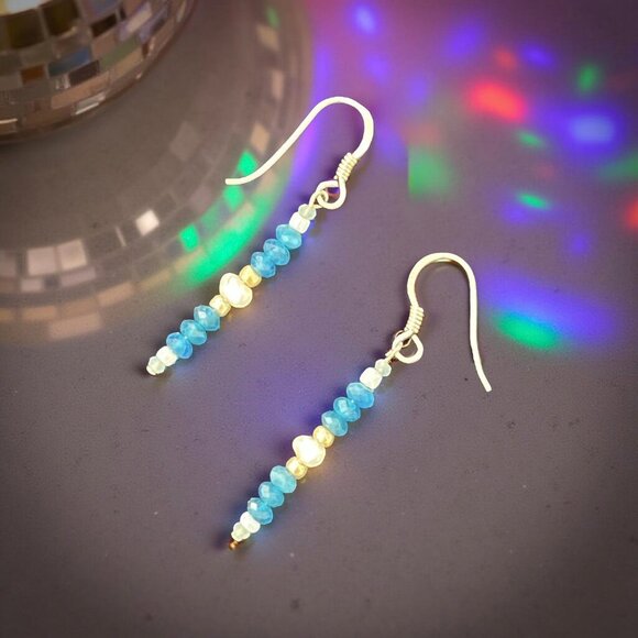 Dainty Blue Apatite & Pearl Earrings • Amazonite • 925 Sterling Silver Handmade - Picture 4 of 9